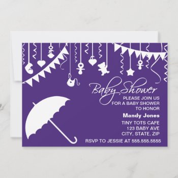Dark Purple Umbrella Modern Baby Shower Invitation by PeachyPrints at Zazzle