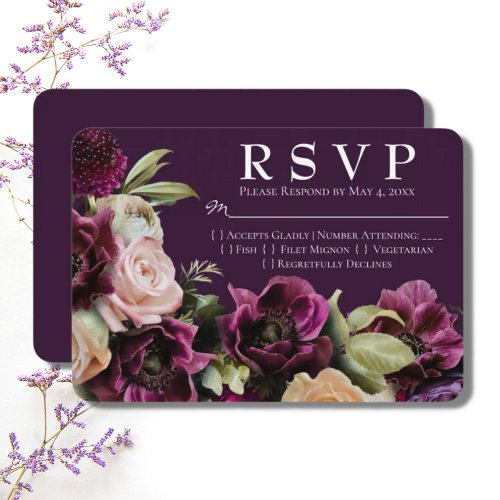 Dark Purple Vintage Floral Wedding RSVP Card