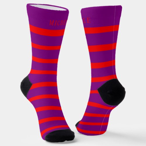Dark Purple Violet Red Lines Striped Custom Name  Socks