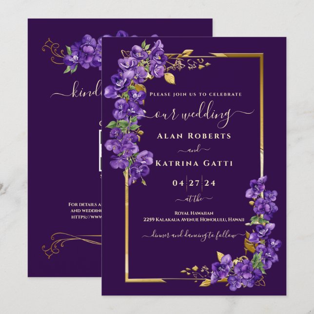 Dark Purple Violet Wedding RSVP QR Code Gold Frame Invitation (Front/Back)