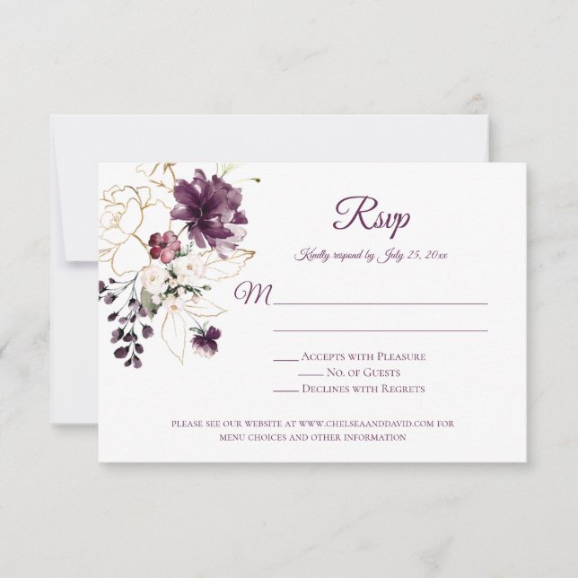 Dark Purple w/Gold Outline Roses Purple Back RSVP Card (Front)