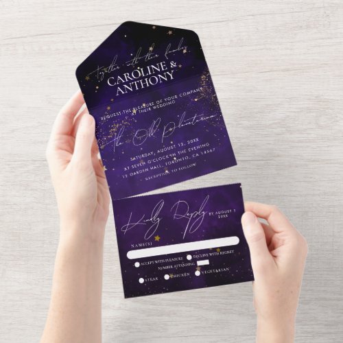 Dark Purple Watercolor Black Magical Gold Wedding All In One Invitation