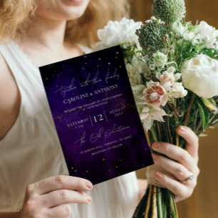 Dark Purple Watercolor Magical Gold Wedding Invitation