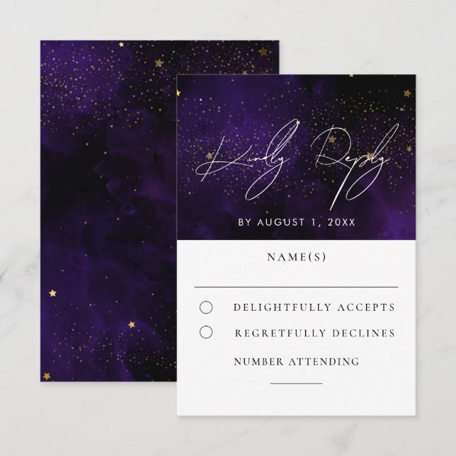 Dark Purple Watercolor Magical Gold Wedding RSVP (Front/Back)