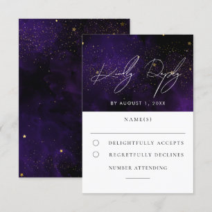 Dark Purple Watercolor Magical Gold Wedding RSVP Card