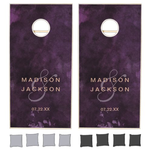 Dark Purple Watercolor Rose Gold Wedding Monogram Cornhole Set