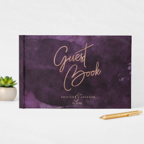 Dark Purple Watercolor Rose Gold Wedding Monogram Guest Book