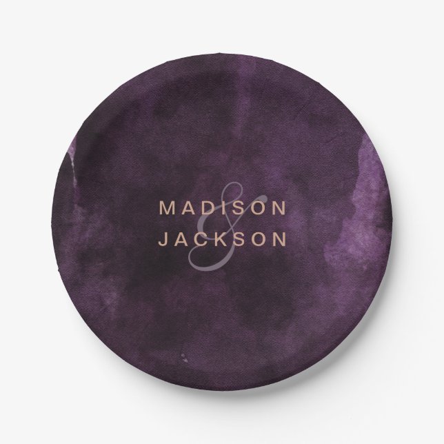Dark Purple Watercolor Rose Gold Wedding Monogram Paper Plates (Front)