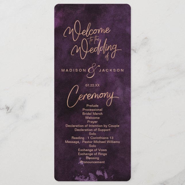 Dark Purple Watercolor Rose Gold Wedding Program (Front)