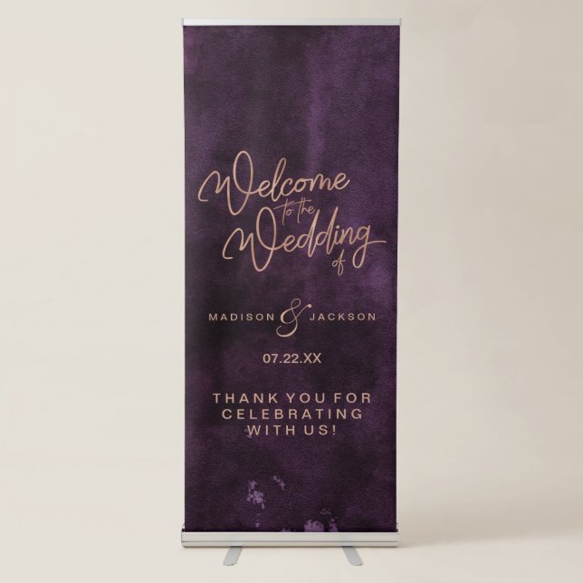 Dark Purple Watercolor Rose Gold Wedding Welcome Retractable Banner (Front)