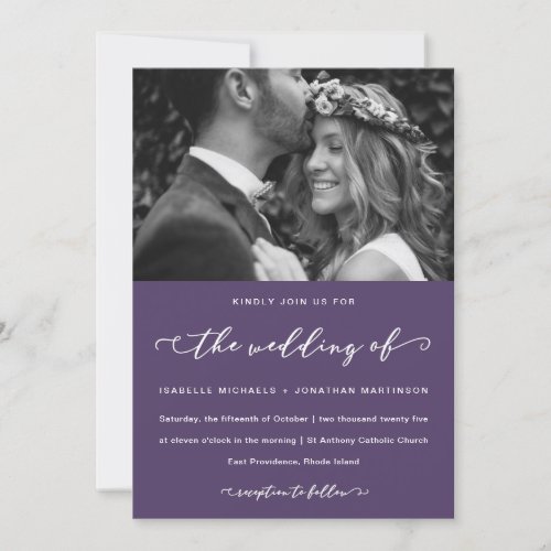 Dark Purple Wedding Calligraphy and Photo Invitation