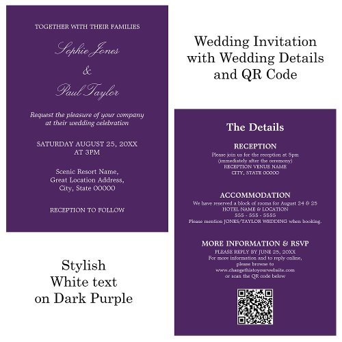 Dark Purple Wedding QR Code RSVP Invitation