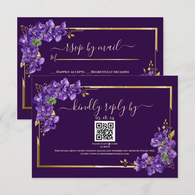Dark Purple Wedding RSVP Violets Gold Frame Card (Front/Back)