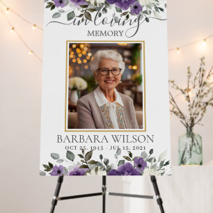 Dark Purple White Floral Funeral Memorial Photo Foam Board
