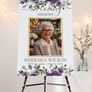 Dark Purple White Floral Funeral Memorial Photo Foam Board