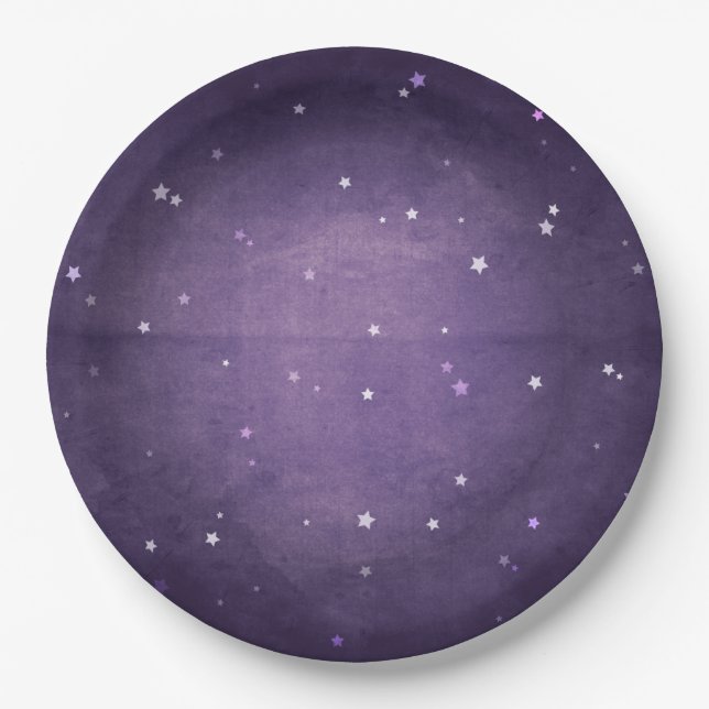 Dark Purple & White Magical Stars Halloween Party Paper Plates (Front)
