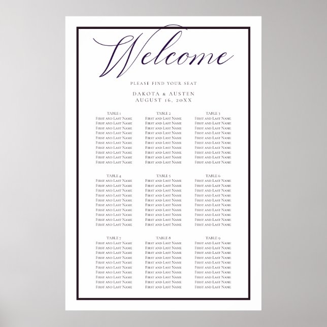 Dark Purple White Welcome Wedding Seating Chart (Front)