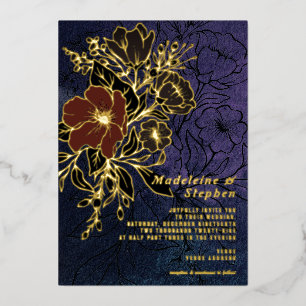 Dark Purple Wildflowers Autumn Winter Wedding Foil Invitation
