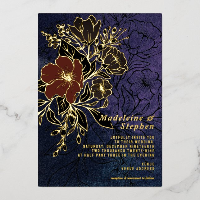 Dark Purple Wildflowers Autumn Winter Wedding Foil Invitation (Front)