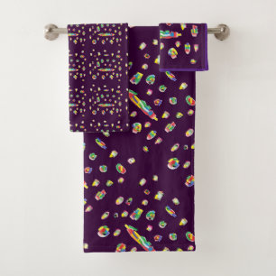 Dark purple with abstract small varied art pattern bath towel set