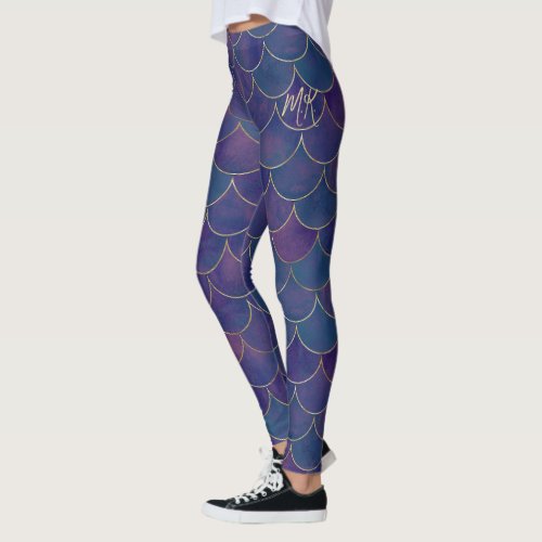 Dark Purple with Gold Scales Monogram Mermaid  Leggings