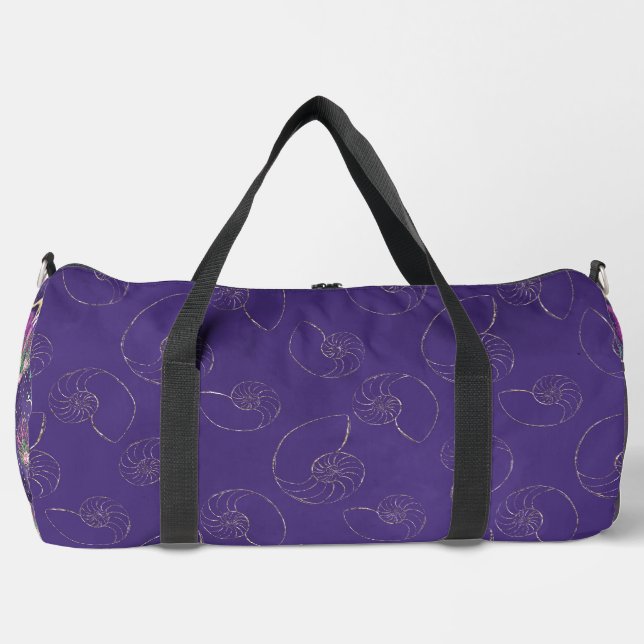 DARK PURPLE WITH GOLD SEASHELLS & MERMAIDS DUFFLE BAG (Front)