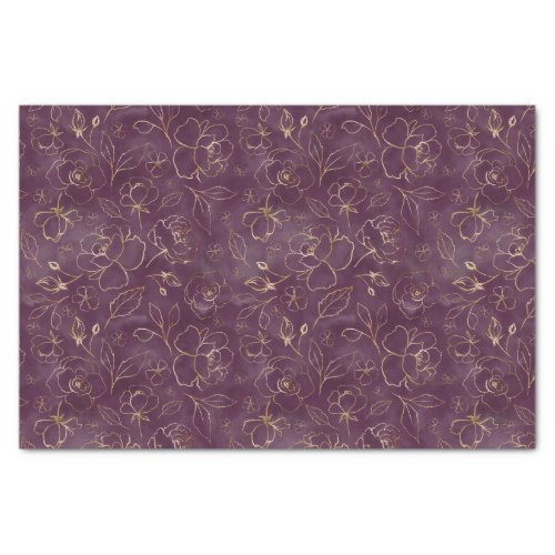 Dark Purple with Gold Sketched Roses Tissue Paper