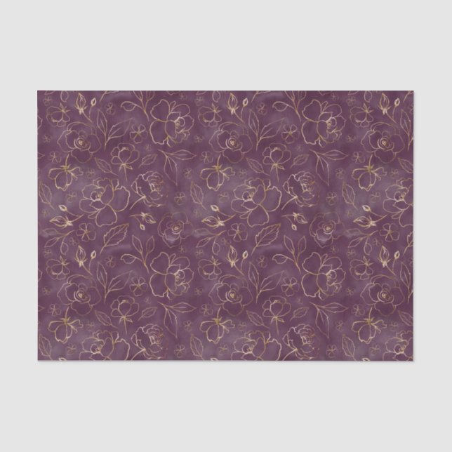 Dark Purple with Gold Sketched Roses Tissue Paper (Front)