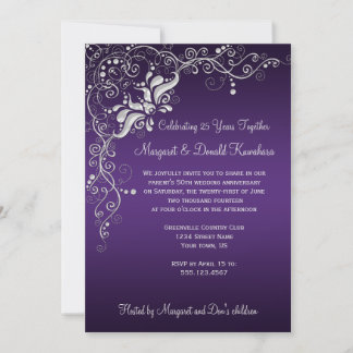 Dark Purple with Ornate Silver Floral Swirls 25th Invitation