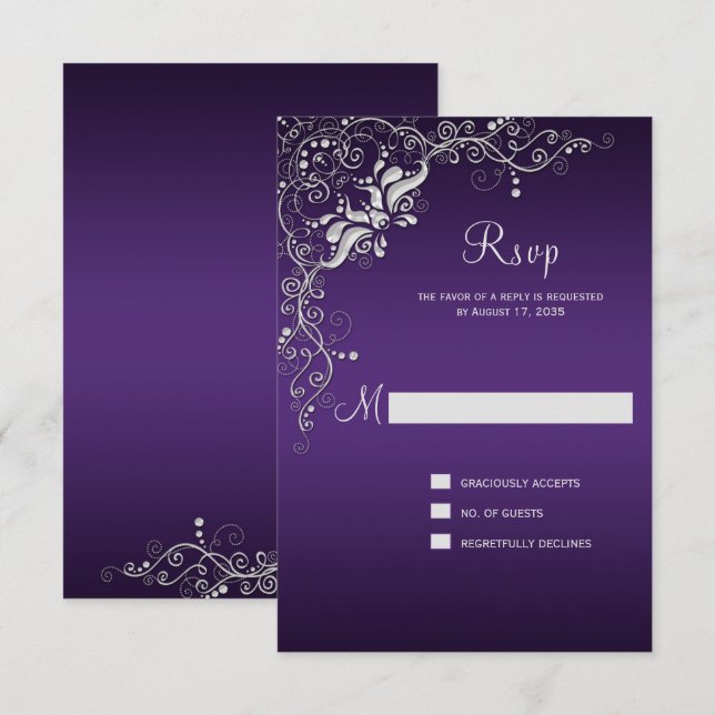 Dark Purple with Ornate Silver Floral Swirls RSVP (Front/Back)