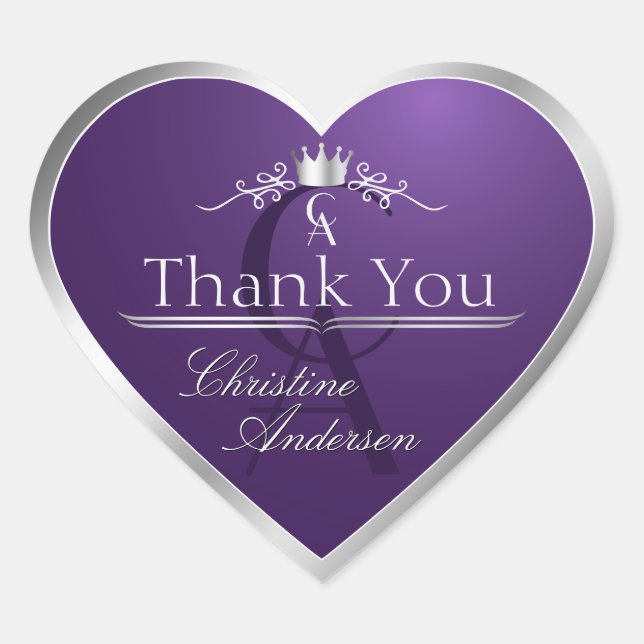 Dark Purple with Silver Frame Monogram Thank You Heart Sticker (Front)