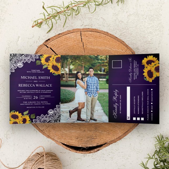 Dark Purple Wood Lace Sunflower Wedding Photo Tri-Fold Invitation (Creator Uploaded)