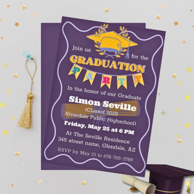 Dark Purple & Yellow Graduation Party Invitation (Creator Uploaded)