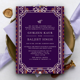 Dark Purple Yellow Ikat Anand Karaj Sikh Wedding Invitation
