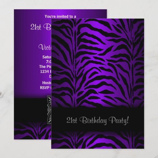 Dark Purple Zebra Womans 21st Birthday Party Invitation | Zazzle