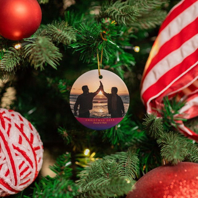 Dark Rainbow Yuletide Personalized Holiday Photo Metal Ornament (Creator Uploaded)