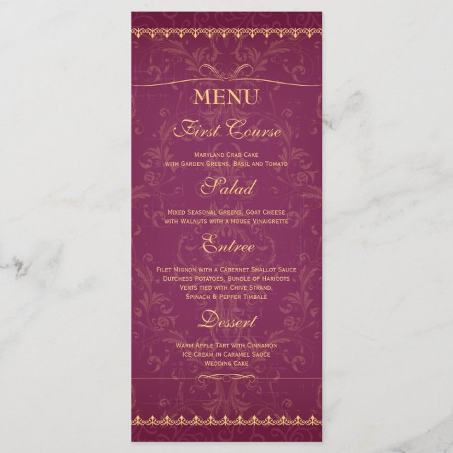 Dark raspberry and gold elegant wedding food menu (Front)