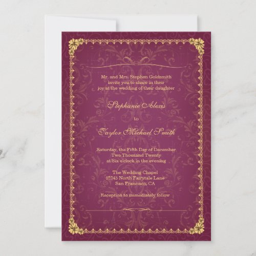 Dark raspberry and gold elegant wedding invitation