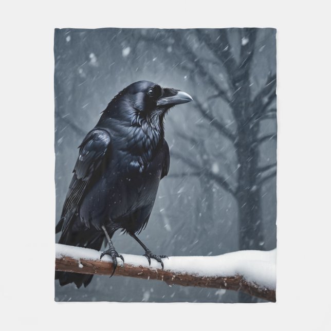 Dark Raven Black Bird Fleece Blanket (Front)