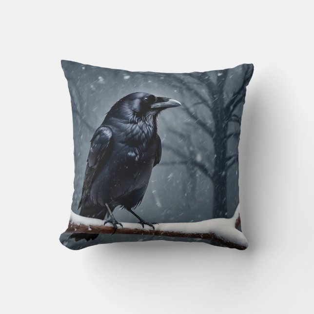 Dark Raven Black Bird Throw Pillow (Front)