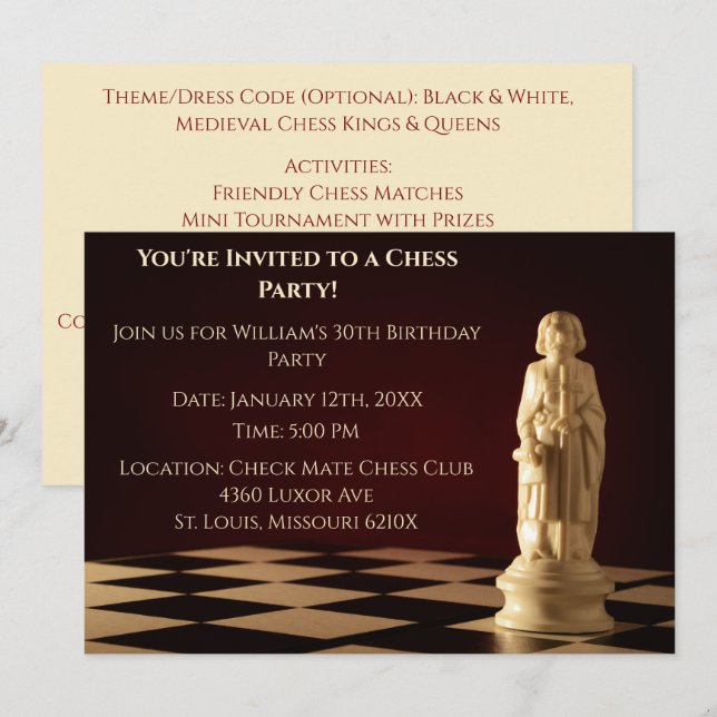 Dark Red 30th Birthday Party Chess Bishop  Invitation (Front/Back)