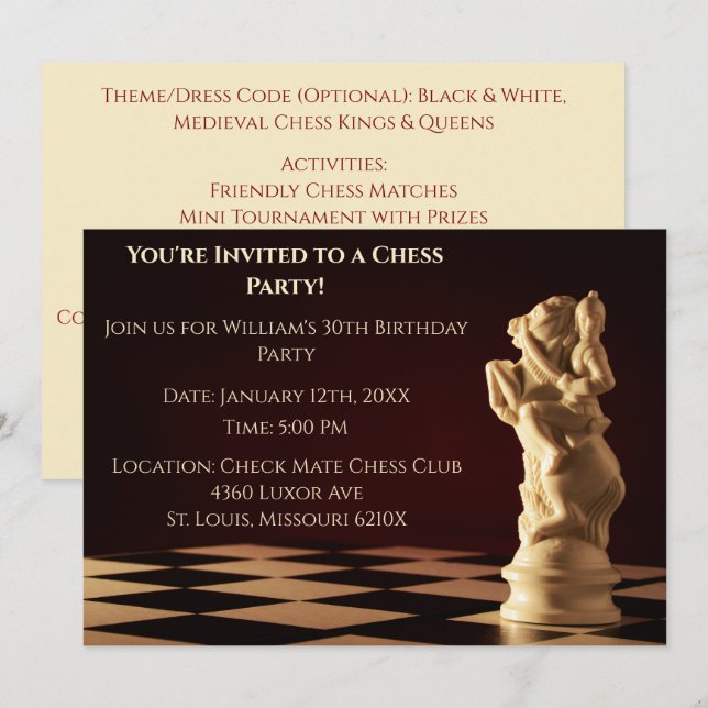 Dark Red 30th Birthday Party Chess Knight Invitation (Front/Back)