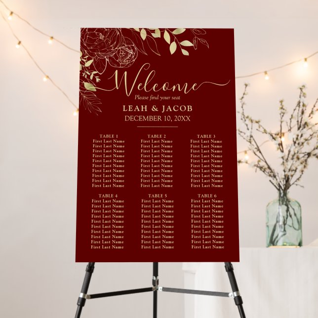 Dark Red 6 Table Floral Wedding Seating Chart Foam Board (In Situ (Stand))