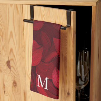 Dark Red Abstract Leaf Pattern Kitchen Towel