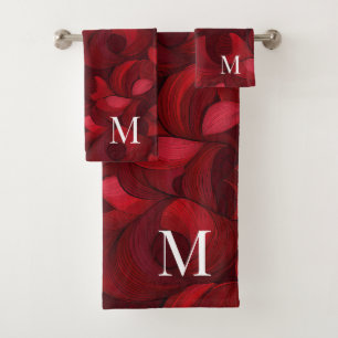 Dark Red Abstract Leaf Pattern Monogrammed Bath Towel Set