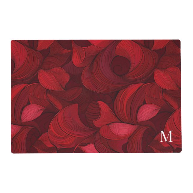 Dark Red Abstract Leaf Pattern Monogrammed Placemat (Front)