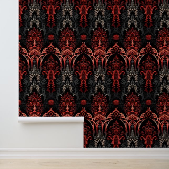 Dark Red and Black Baroque Gothic Arches Wallpaper (Application)