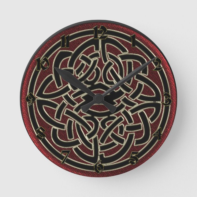 Dark Red and Black Metallic Celtic Knot Round Clock (Front)