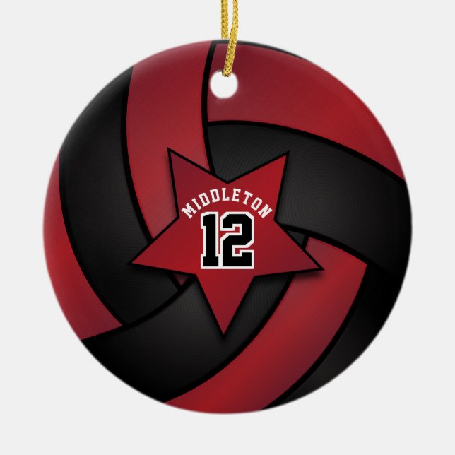 Dark Red and Black Star Volleyball Ceramic Ornament (Front)