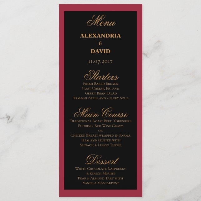 Dark Red and Black Wedding Menu Card (Front)